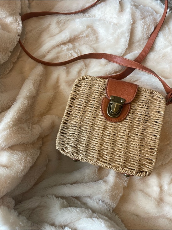 Handbags - Woven Straw Crossbody Bag with Tan Leather Trim